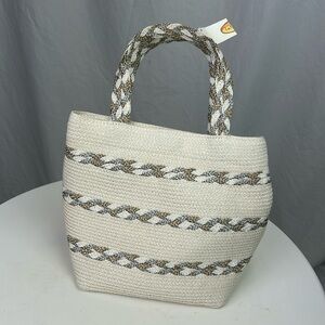 NWT Talbots White Woven Tote Bag with Silver and Gold Details